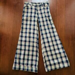 1970s Vintage Male Brand Big Bell Bottom Blue Red Plaid Wide Leg Disco Hippie